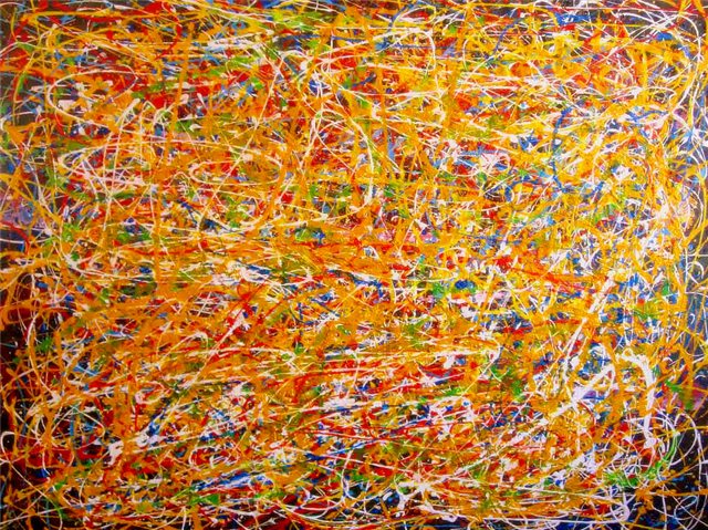 Abstract schilderij gele en oranje lijnen