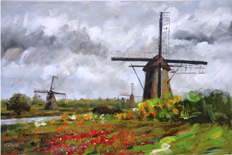 Schilderij van twee klassieke molens in een Hollands landschap