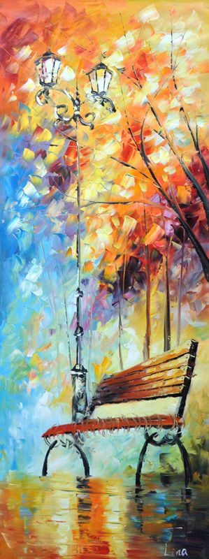 Palet schilderij van een bankje in een kleurrijk herfstpark