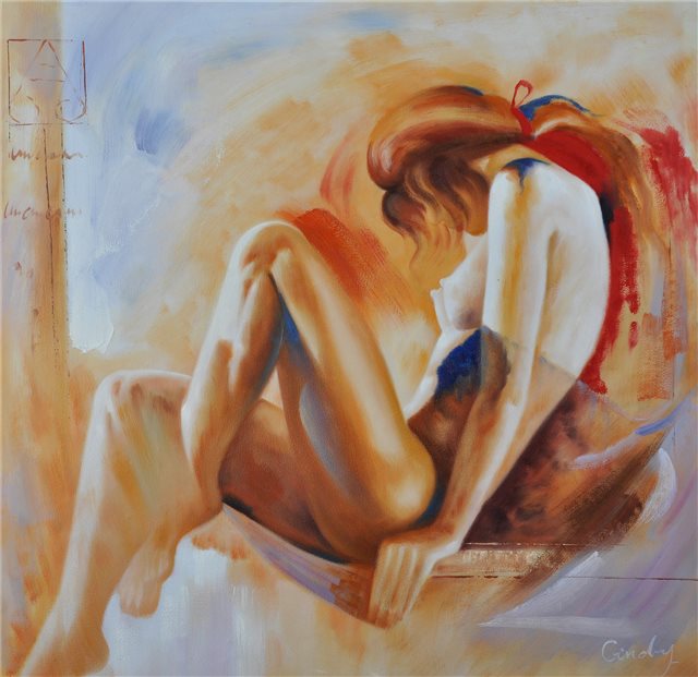 Romantisch schilderij van een zittende vrouw van de zijkant geschilderd