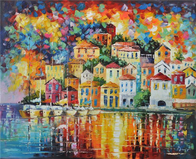 Schilderij van kleurrijke huisjes aan zee