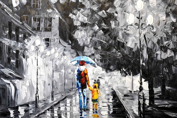 zwart - wit schilderij straat in regen met uitgelichte bewoners