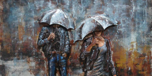 metallen 3d schilderij mensen met paraplu