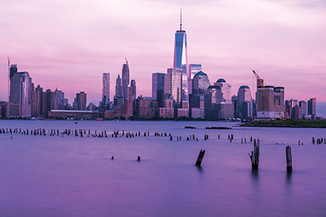 Downtown Manhattan during sunset New York Skyline Zonsondergang Stad Water