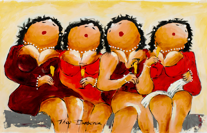 Dikke dames schilderij “4 Op een rij geel” van Theo Broeren