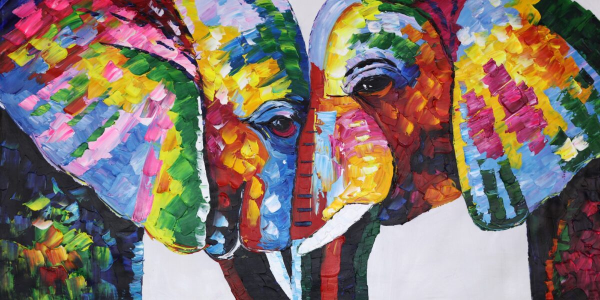 kleurrijk schilderij twee olifanten oog in oog