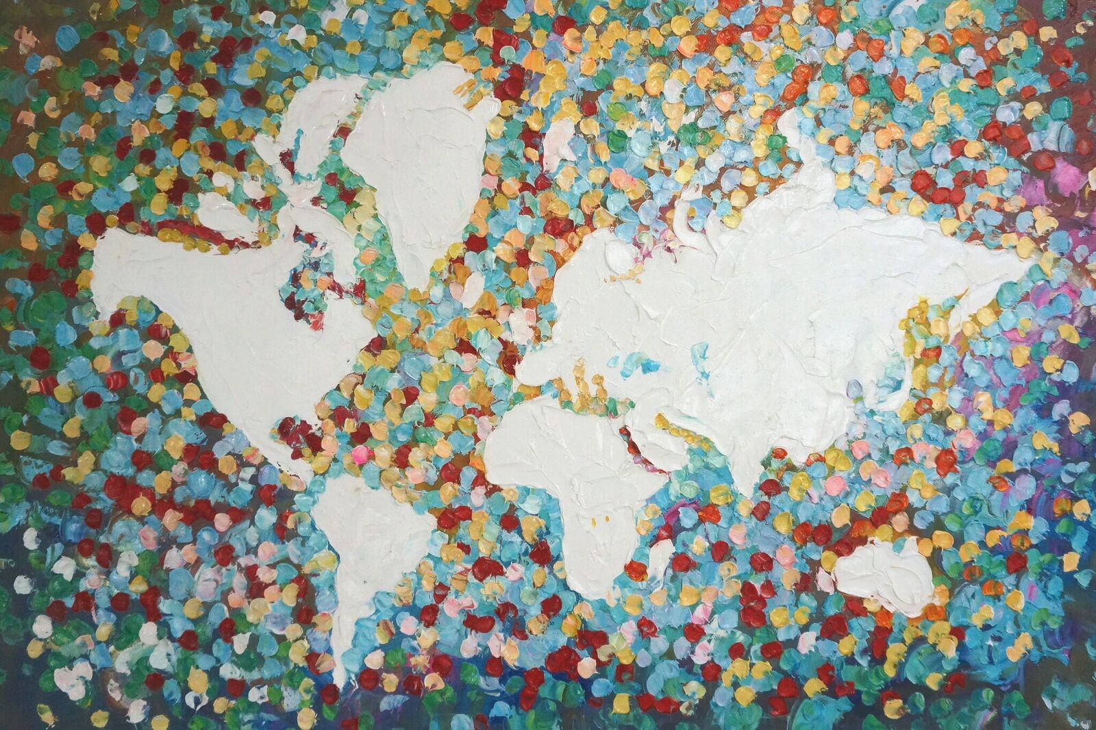 Schilderij "Wereldkaart palet" te koop Betaalbarekunst.nl. Dit schilderij is handgeschilderd, opgespannen en klaar op op te hangen.
