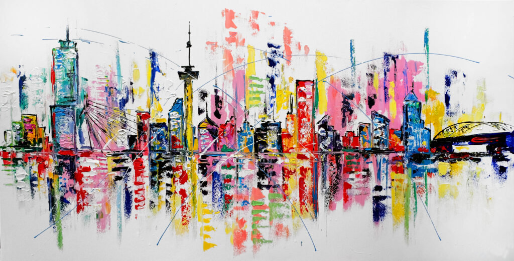 Samengesteld spontaan stad Schilderij "Kleurrijk Rotterdam" te koop @ Betaalbarekunst.nl. Dit  schilderij is handgeschilderd, opgespannen en klaar op op te hangen.