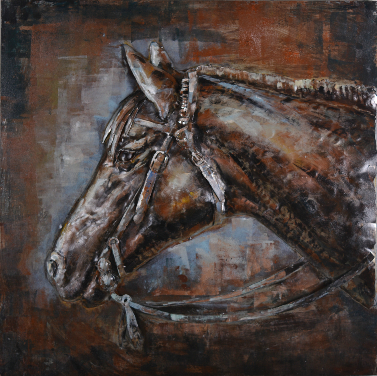 Bergbeklimmer vermogen Neerwaarts Metalen schilderij "Paard met tuig" te koop @ Betaalbarekunst.nl. De  geverfde metalen onderdelen geven dit schilderij veel diepte en kleur.