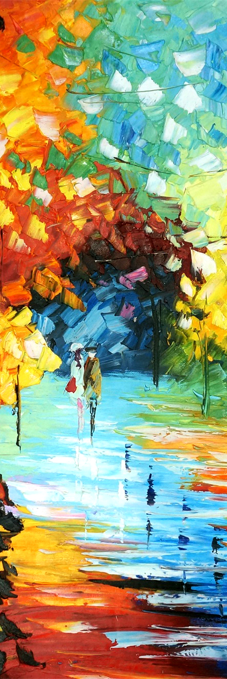 kleurrijk schilderij bos mensen walk in the woods
