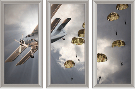 Ingelijste poster “Drieluik Biplane with skydivers” van Mondiart