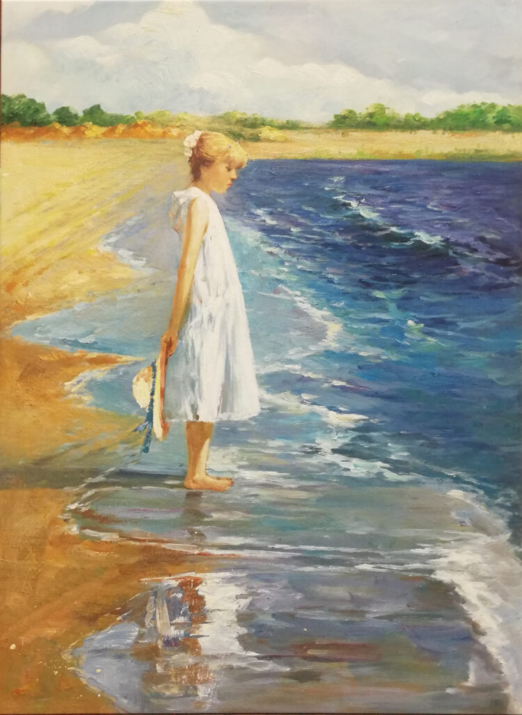 Schilderij “Staren naar de golven”