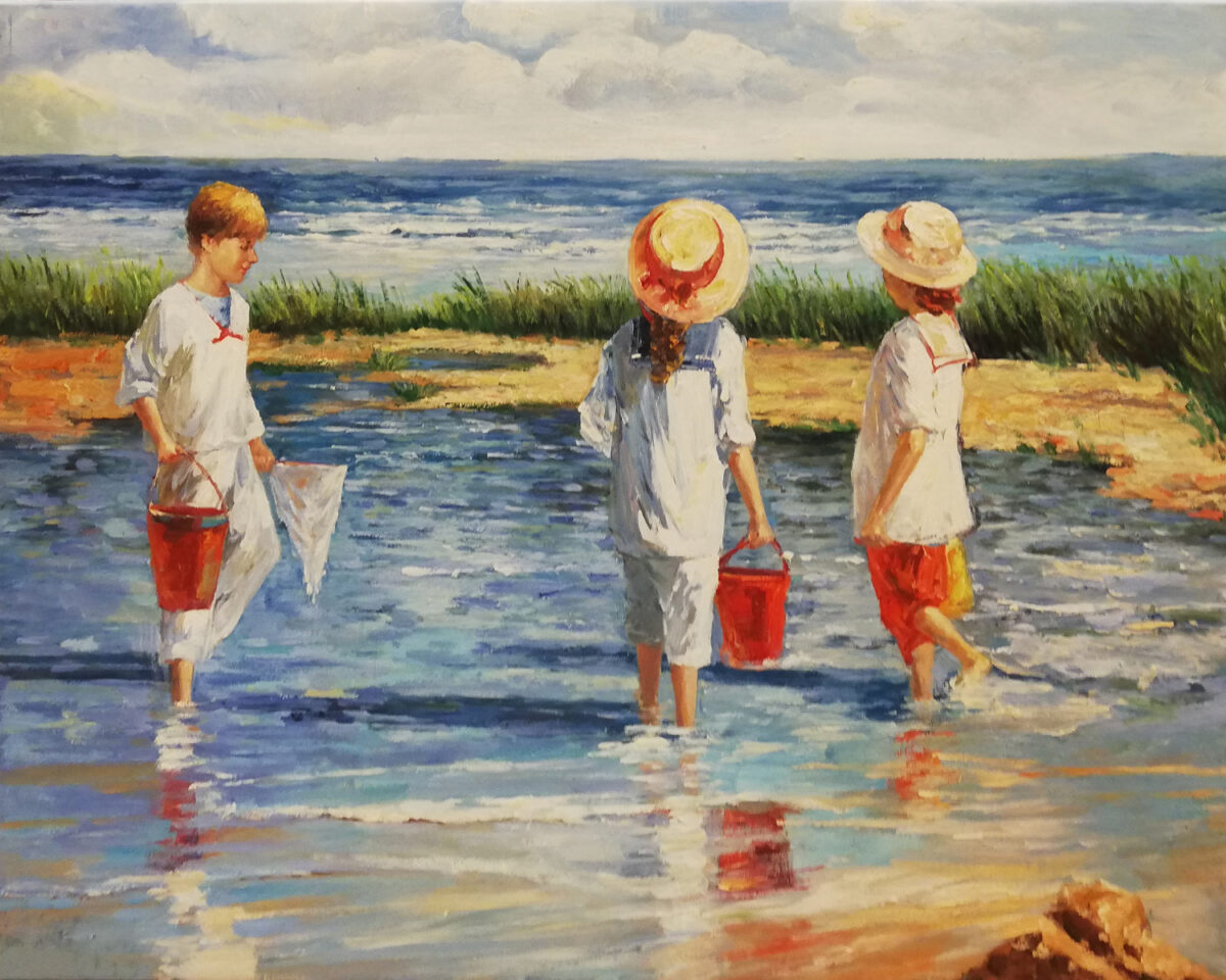 drie kindertjes aan het spelen schilderij strand