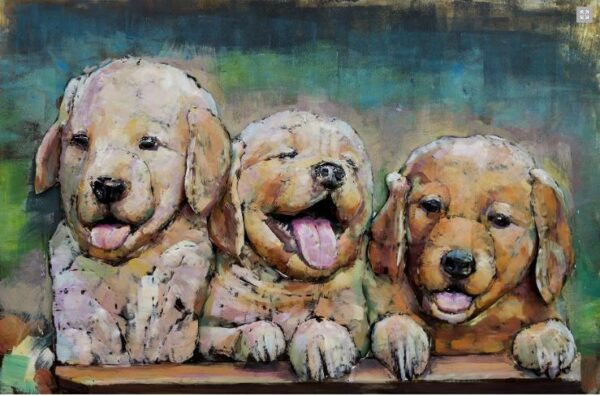 Metalen schilderij Golden Retriever en Labrador Pups