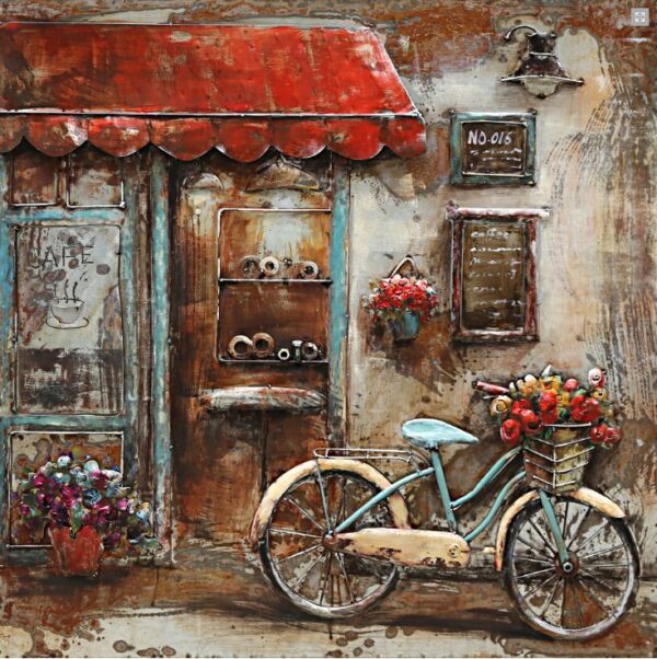 Metalen schilderij "Met de fiets bij de koffie shop"