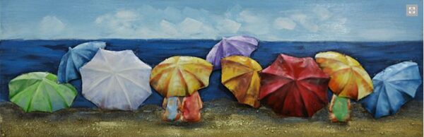 Metalen schilderij Op het strand met de paraplu