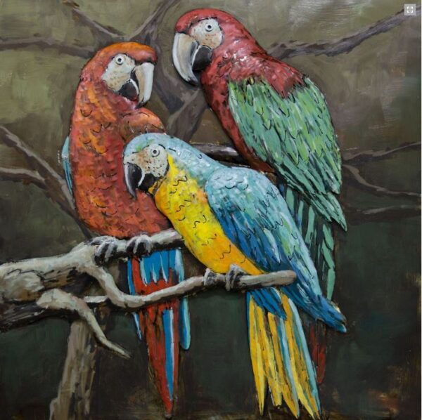 Metalen schilderij Papegaaien gezellig bij elkaar