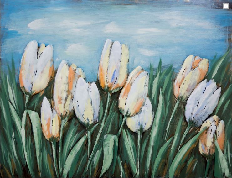 hoogte Actuator Doe mijn best Metalen schilderij "Tulpen langs het water" te koop @ Betaalbarekunst.nl.  De geverfde metalen onderdelen geven dit schilderij veel diepte en kleur.