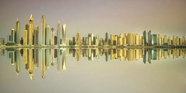 Aluminium schilderij Skyline Reflection van MondiArt