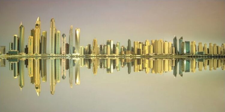 Aluminium schilderij ”Skyline Reflection” van MondiArt