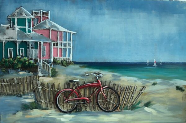 Metalen schilderij Red Bike by the Beach House Strandhuis Fiets GS-landscape-644