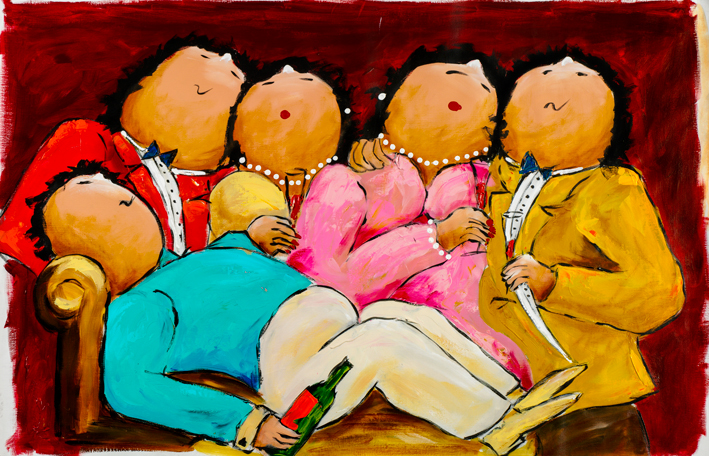 Dikke dames schilderij “Wat Later op de Avond” van Theo Broeren