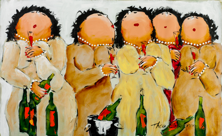 Dikke dames schilderij “Chique met Wijn” van Theo Broeren