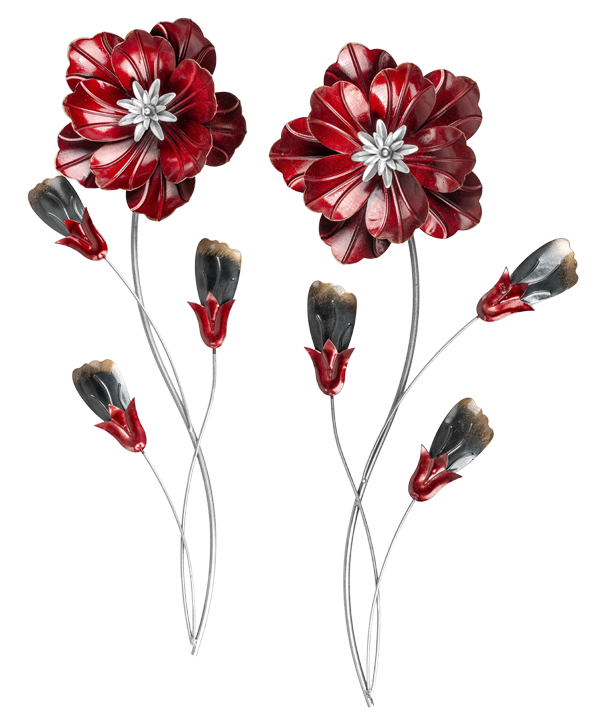 Opstand klok multifunctioneel Metalen wanddecoratie “Twin Red Flowers” te koop @ Betaalbarekunst.nl.  Speels en vrolijk metalen kunstwerk voor aan de muur.