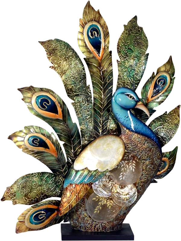 Metalen beeld Graceful Peacock met parelmoer en lamp Pauw Kleurrijke Veren MH-64057