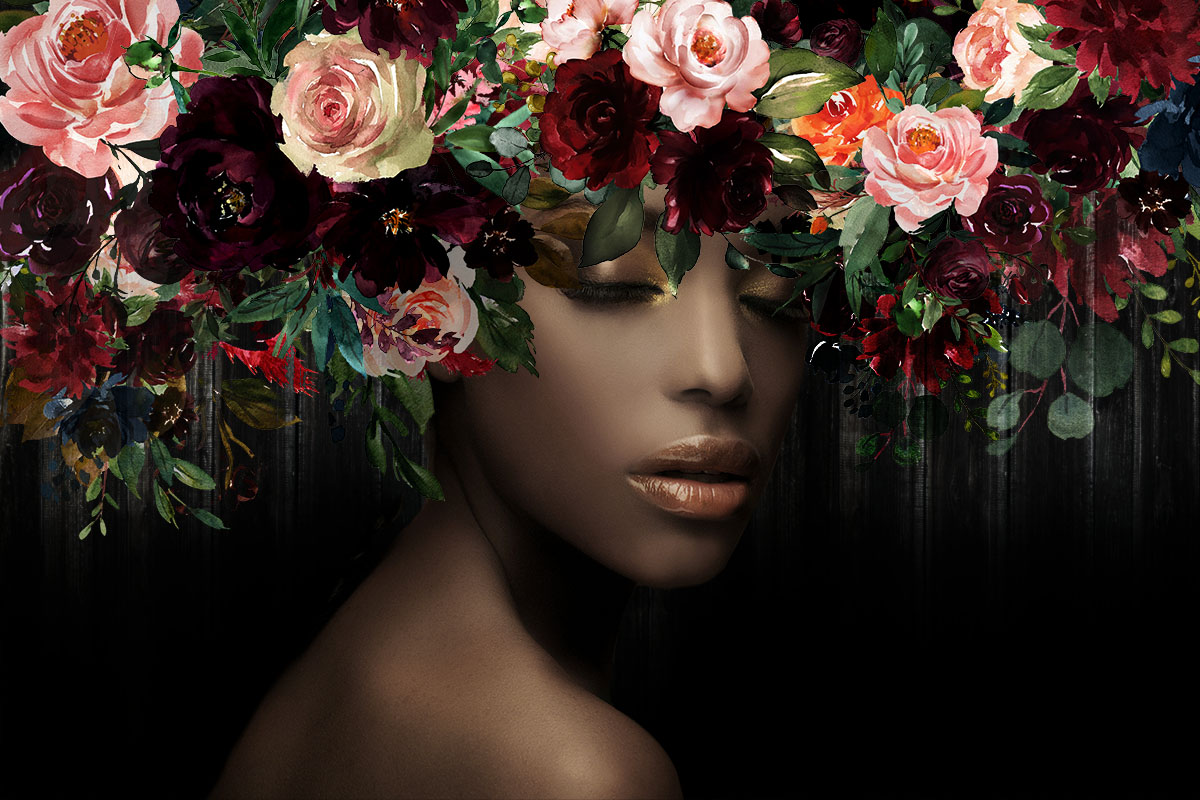glasschilderij vrouw met rozen op hoofd GLAS080120-621