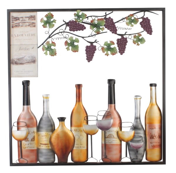 metalen wanddecoratie flessen wijn, wijnglazen en druiventakken1275