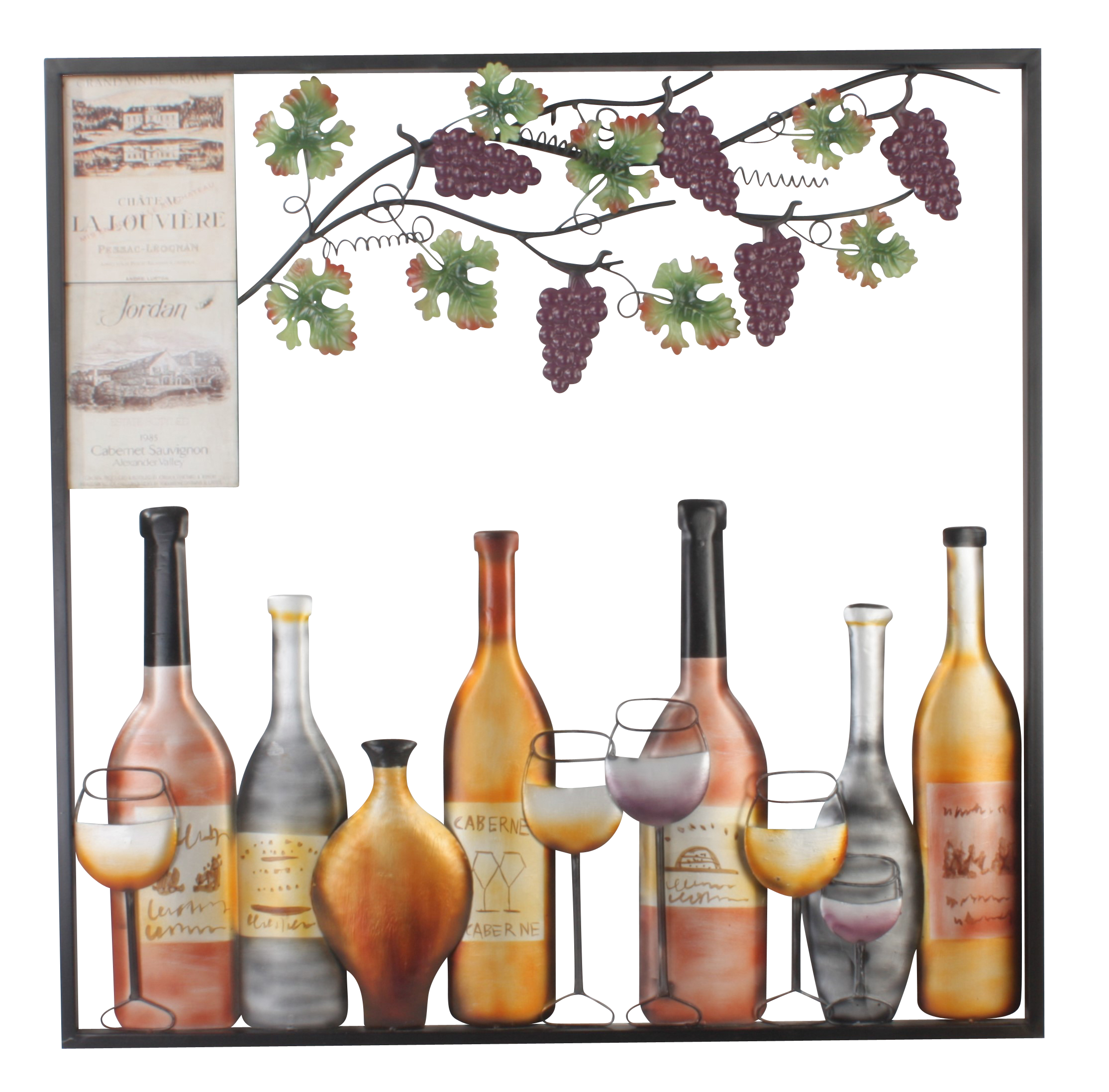 metalen wanddecoratie flessen wijn, wijnglazen en druiventakken1275